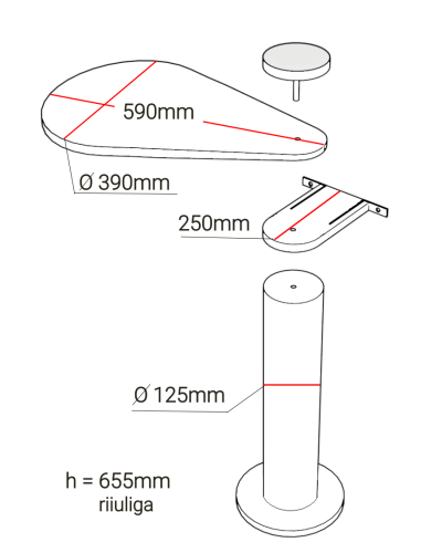 Põrandal seisev, seinakinnitusega kassipuu 66 cm — mõõdud ja kokkupaneku skeem