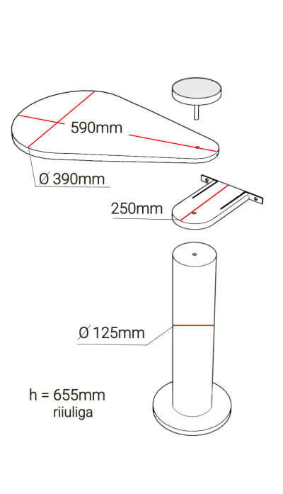 Mõõdud ja kokkupanek — põrandal seisev kassipuu, seinakinnitusega, 66 cm