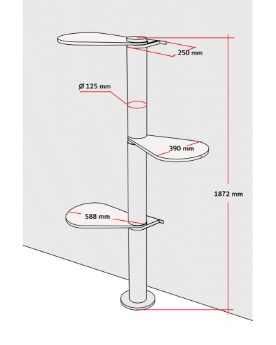 Põrandal seisev, seinakinnitusega kassipuu 187 cm — mõõdud ja kokkupaneku skeem