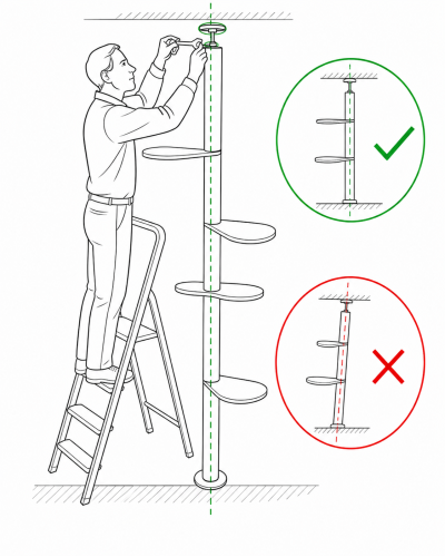 Floor-to-ceiling cat climber — dimensions, assembly diagram, installation guide, no wall mount needed